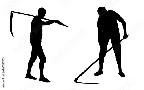 Set of vector silhouettes of a man with scythe cutting grass.
