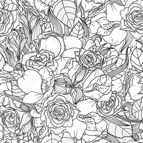 Beautiful seamless monochrome floral background with flowers and leaves. EPS8.