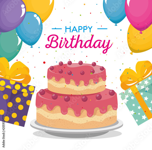 happy birthday card with sweet cake and gifts vector illustration design