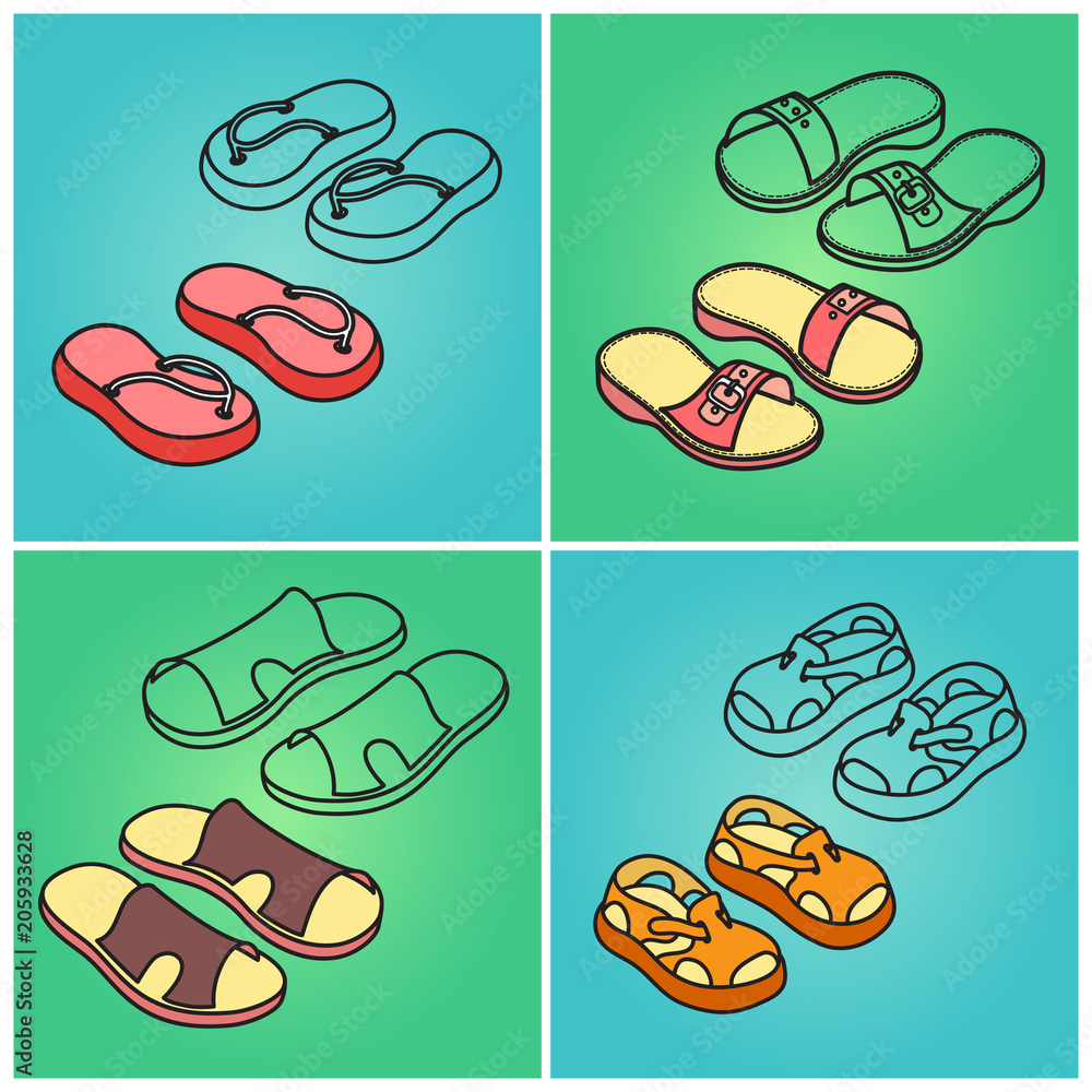 Isolated  shoes for children. Summer shoe icons set.