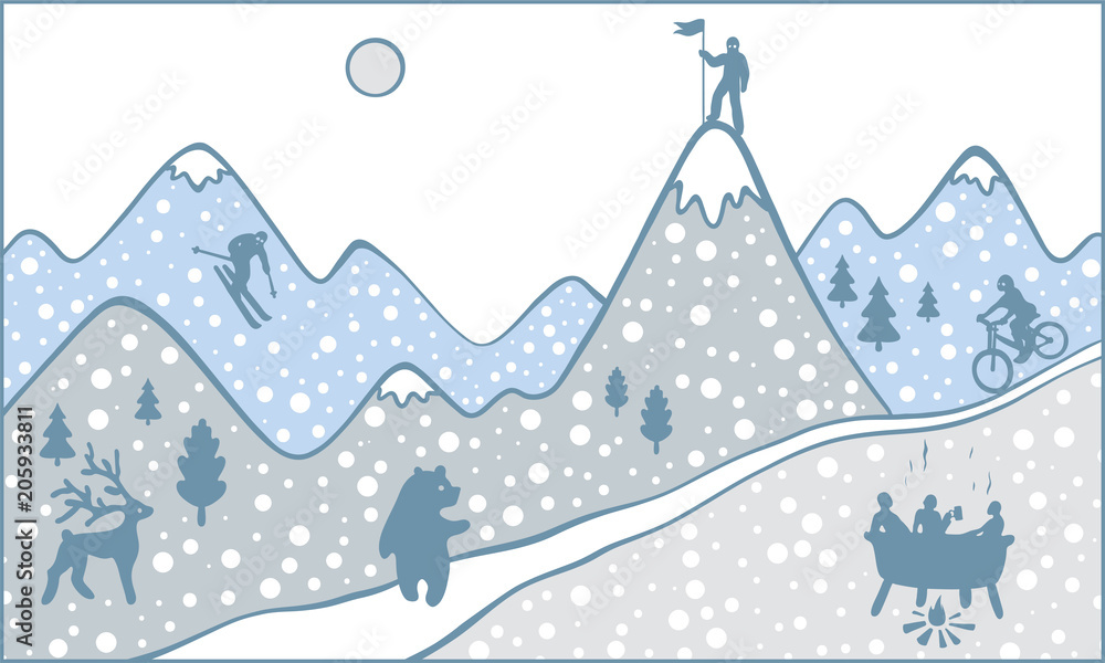Flat design modern vector illustration, cartoon mountains with snow Flat design modern vector illustration, cartoon mountains with snow