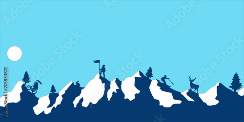 Sport in high blue mountains. Flat design modern vector illustration