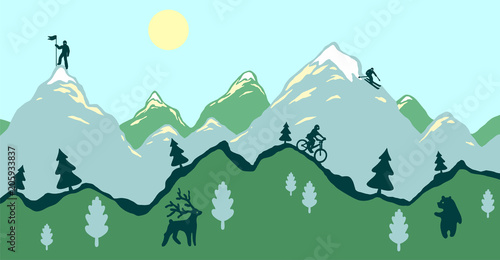 Flat design modern vector illustration, green spring mountains with animals