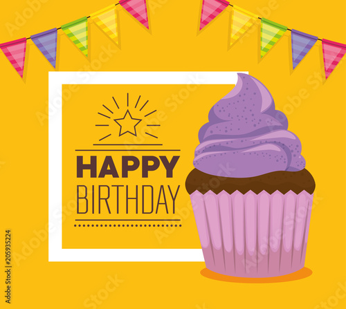 happy birthday card with cupcake and garlands vector illustration design