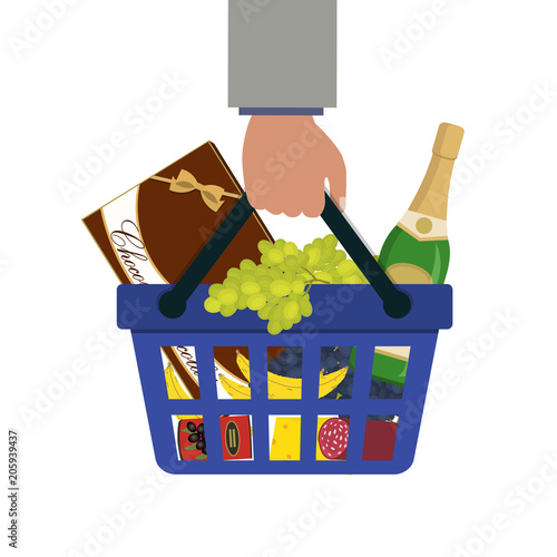 Shopping basket with food in hand. There is a bottle of champagne, a box of chocolates, sausage, grapes, bananas and other products in the picture. Vector illustration.