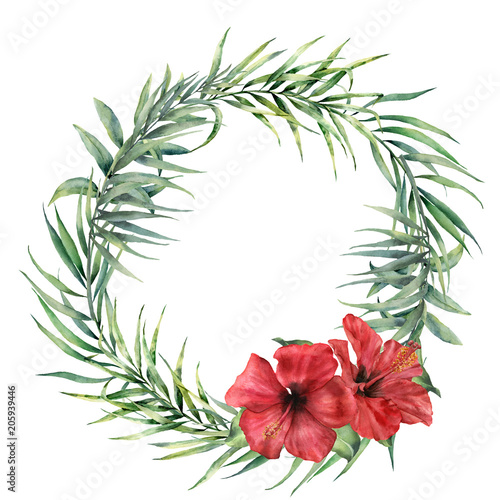 Fototapeta Naklejka Na Ścianę i Meble -  Watercolor wreath with coconut, eucalyptus palm branch and hibiscus. Hand painted floral illustration with palm leaves and flowers isolated on white background. For design, print, fabric, background.
