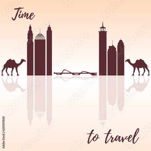 Famous skyscrapers of the world, bridge and camels