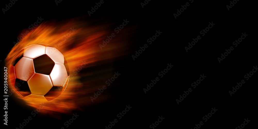 Fototapeta premium Soccer ball in fire against black background.