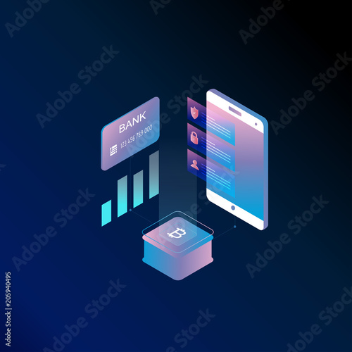 Bitcoin isometric concept vector illustration. Cryptocurrency and block chain technology, block chain platform, digital money market, investment and finance concept 