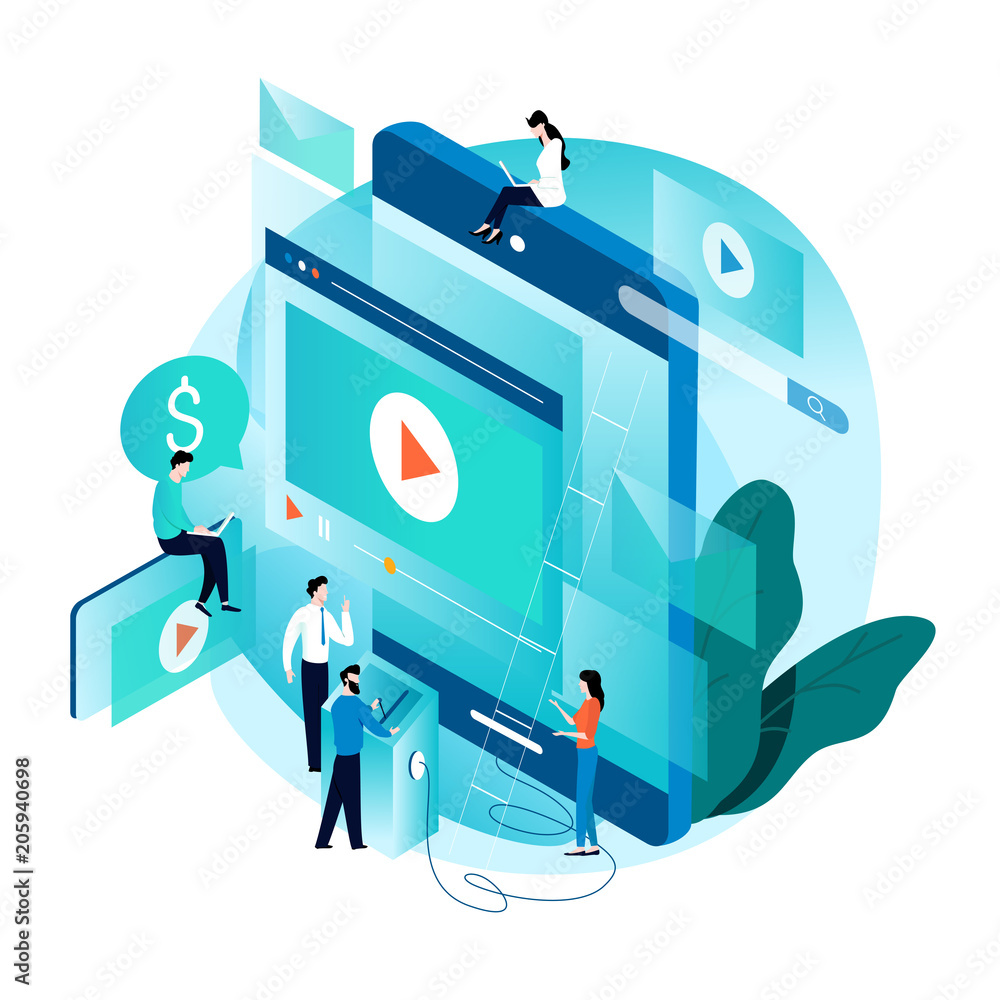 Modern isometric concept for video marketing campaign, video ad, digital content, promotion, online advertisement vector illustration. Digital video message, online tutorial for mobile and web graphic - obrazy, fototapety, plakaty 