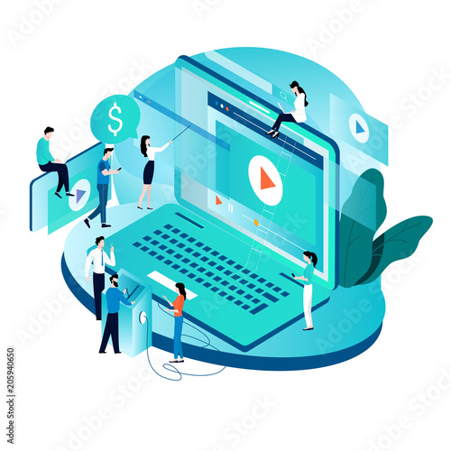 Modern isometric concept for video marketing campaign, video ad, digital content, promotion, online advertisement vector illustration. Digital video message, online tutorial for mobile and web graphic