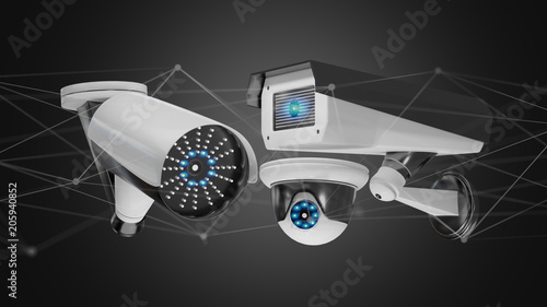 Security camera system and network connection - 3d rendering