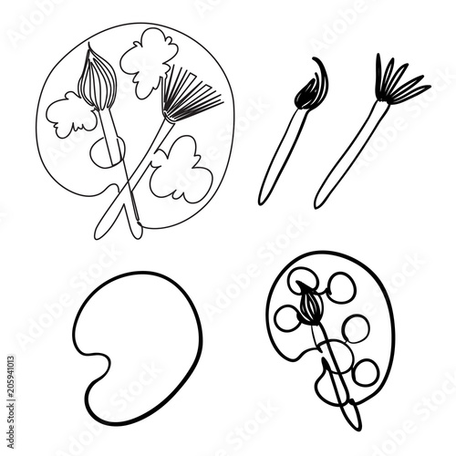 Icons by one line of a brush and a palette with paints