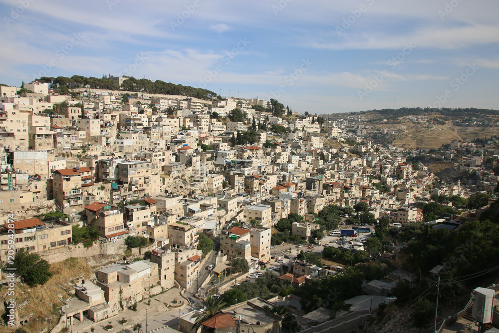 View of houses behind the Wailing Wall and the City of David of Jerusalem.