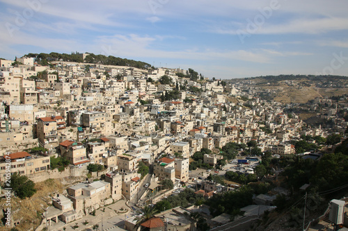 View of houses behind the Wailing Wall and the City of David of Jerusalem.