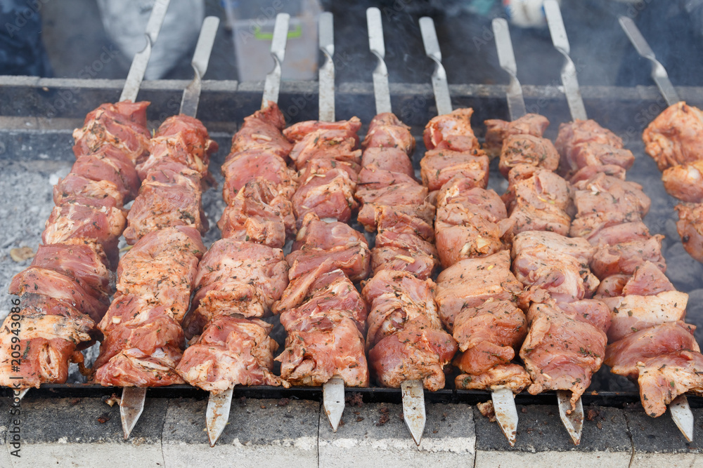 Marinated barbecue meat on skewer. Shish kebab or Shashlyk meaning skewered  meat. Beef or pork on grill on an open fire. Street food, picnic concept  Stock Photo