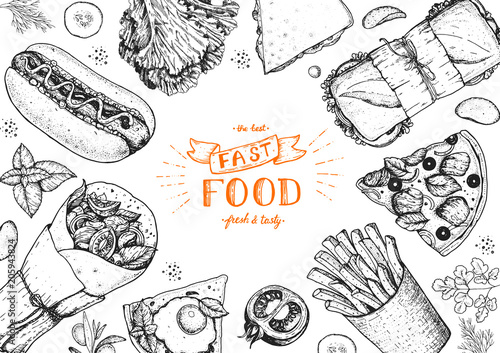 Fast food sketch collection. Vector illustration. Junk food set. Engraved style illustration. Fast food top view frame.