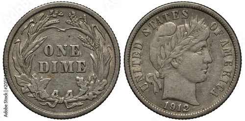 Photography United States coin 1 one dime 1912, denomination within circular floral wreath,