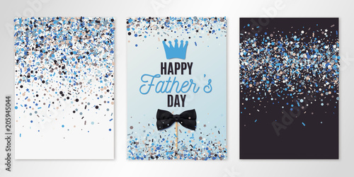 Fathers Day banners set of three sheets with flying confetti. Vector flyer design templates for invitation cards, brochure design, certificates. All layered and isolated