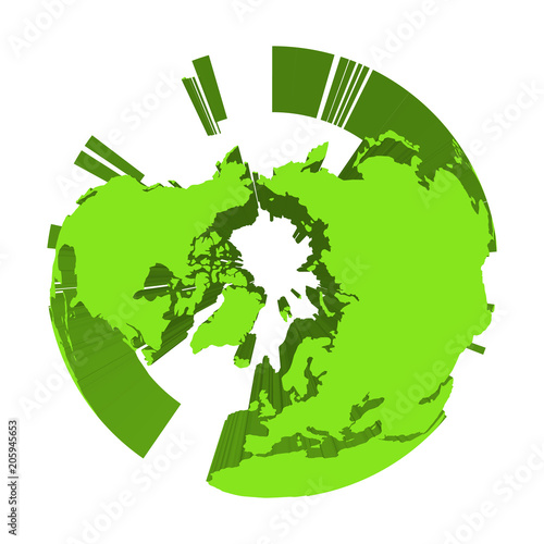 Earth globe model with green extruded lands. Focused on Arctica and North Pole. 3D vector illustration.