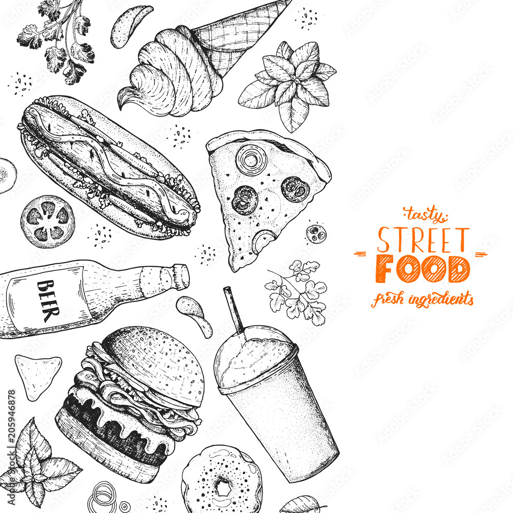 Fast food hand drawn sketch collection. Vector illustration. Junk food