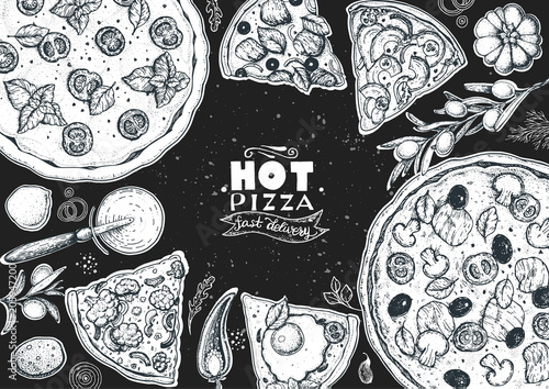 Italian pizza and ingredients top view frame. Italian food menu design template. Vintage hand drawn sketch, vector illustration. Engraved style illustration. Pizza label for menu.