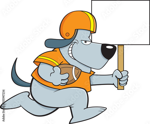 Cartoon illustration of a dog wearing a football uniform while running with a sign.