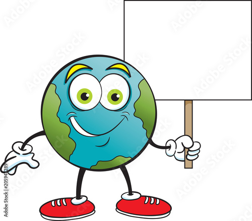 Cartoon illustration of the earth smiling while holding a sign.
