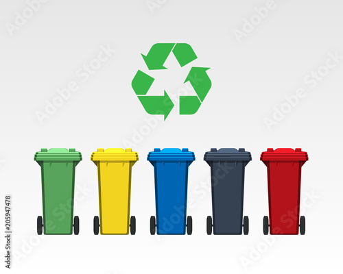 Different colors recycle bins isolated on white background. Flat style. Vector.