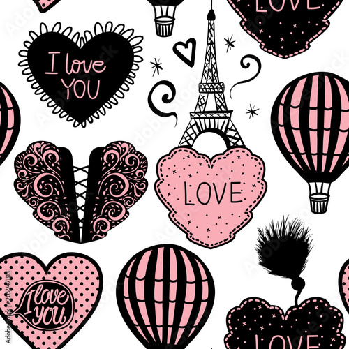 Vector Seamless Pattern Balloon and Paris Eiffel Tower