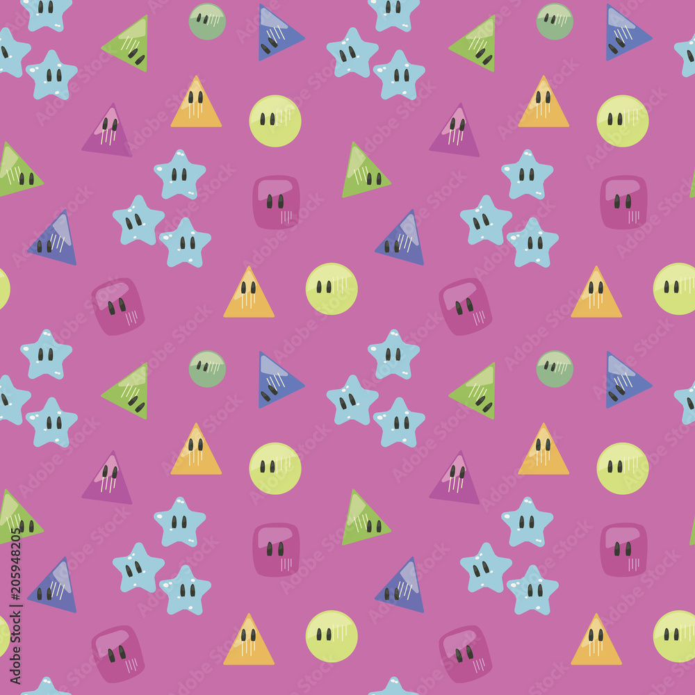 Fototapeta premium pink bright seamless pattern candy blue colored dessert children cute asterisks composition circle triangle square dacey gloss light background