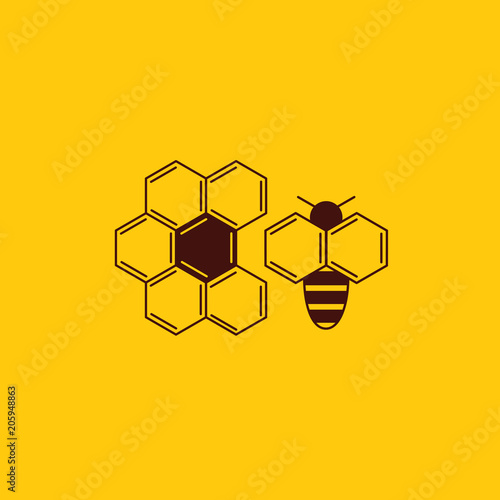 Vector honey comb and beekeeping logo design. Flower and bee from chemical formulas in honeycomb shape