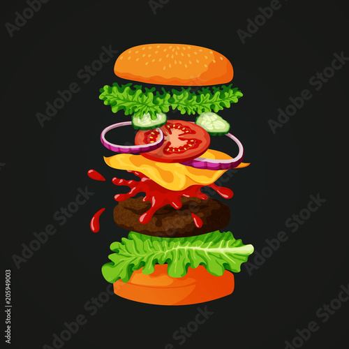 Meat burger separated into layers showing all ingredients.