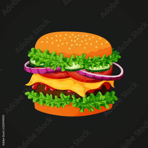 Meat burger icon. Meat patty, sesame topped bun, lettuce, cucumber, onion, tomato, cheese and ketchup.