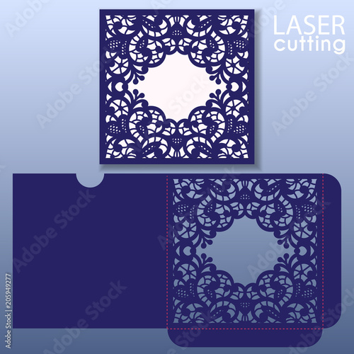 Die laser cut wedding card vector template. Invitation envelope with lace frame. Wedding lace invitation mockup. Template for cutting. Die cut pocket envelope template.