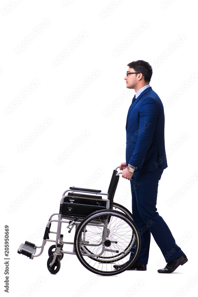 Businessman with wheelchair isolated on white background Businessman with wheelchair isolated on white background