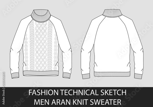 Fashion technical sketch men knit aran single-breasted sweater in vector graphic