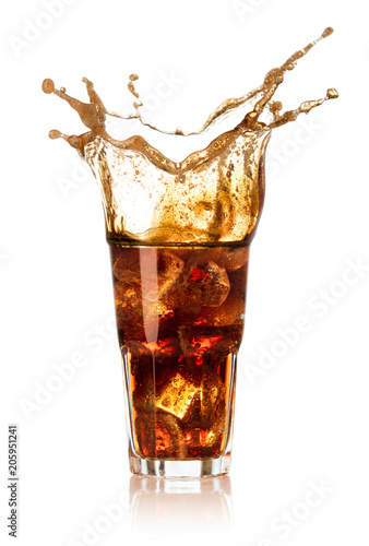 glass of cola with big splash isolated on white background