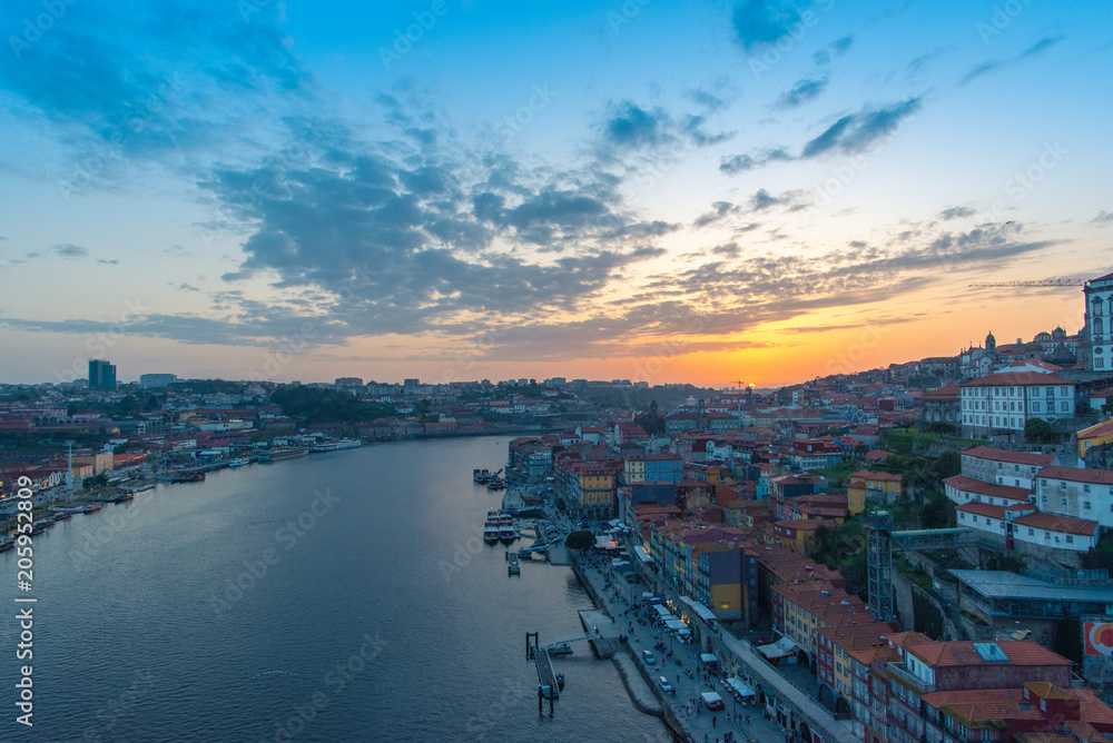 sunset on the Douro river, city of Porto, Portugal
