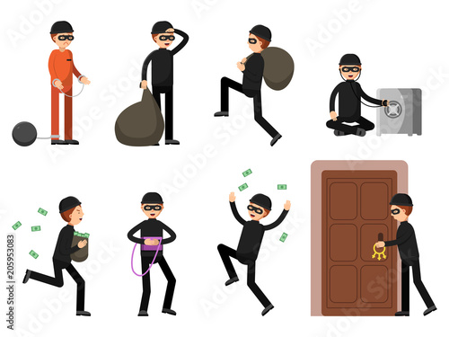 Criminal illustrations of theif characters in different action poses