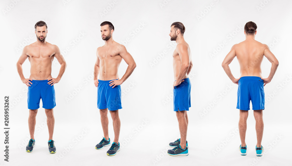 Full size fullbody different side collage of attractive, athletic, sportive, strong, , harsh, virile man holding hands on waist, having modern hairstyle, look, isolated on white background