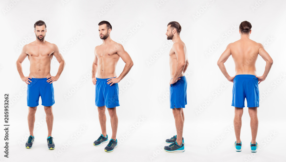 Full size fullbody different side collage of attractive, athletic, sportive, strong, , harsh, virile man holding hands on waist, having modern hairstyle, look, isolated on white background Full size fullbody different side collage of attractive, athletic, sportive, strong, , harsh, virile man holding hands on waist, having modern hairstyle, look, isolated on white background