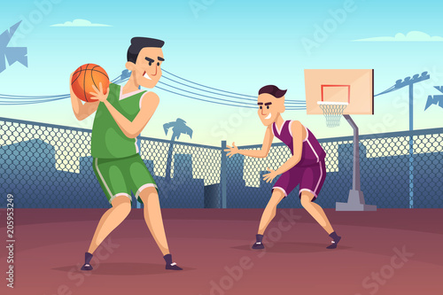 Background illustrations of basketball players playing on the court