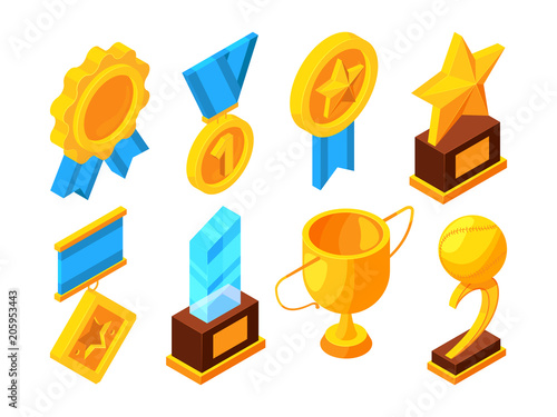Medals of honor and different sport trophies. Isometric vector illustrations
