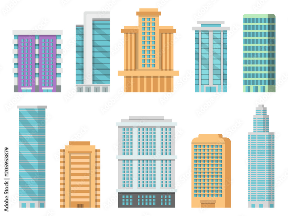 Flat illustrations of various modern skyscrapers and other business buildings