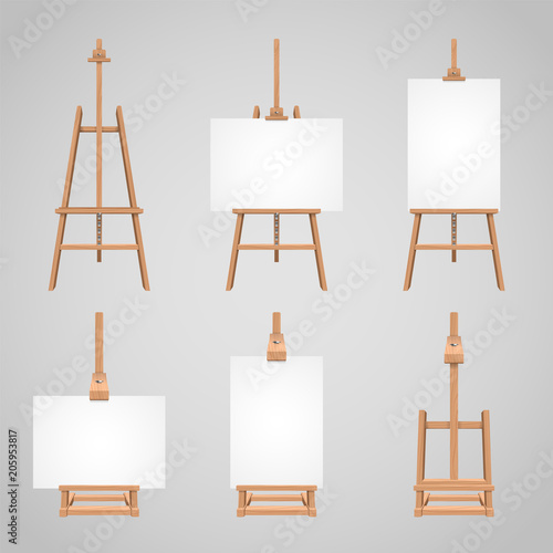 Set illustrations of canvases standing on wooden easels