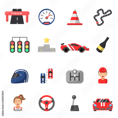 Flat icon set of formula 1 cars and racing symbols
