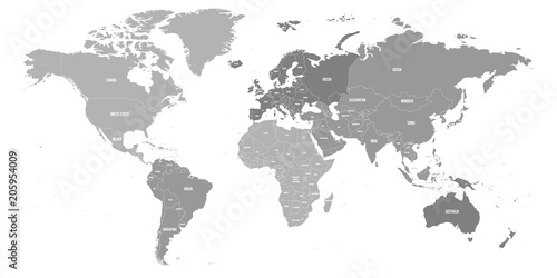 Map of World. Political map divided to six continents - North America, South America, Africa, Europe, Asia and Australia. Vector illustration in shades of grey with country name labels.