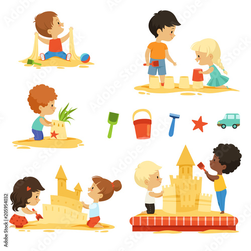 Active kids playing in the sandbox. Happy characters isolate