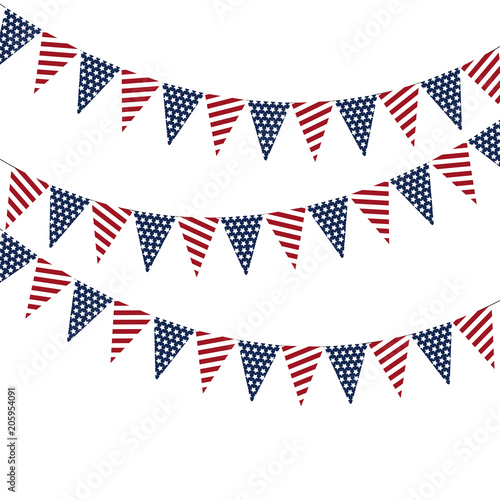 Festive garlands of American flags on a white background.